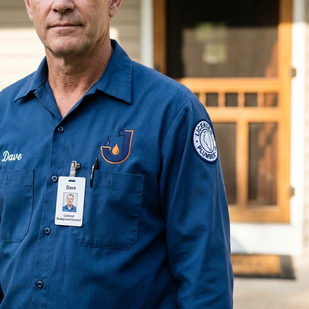 Licensed plumber showing ID badge in Bedford, IN