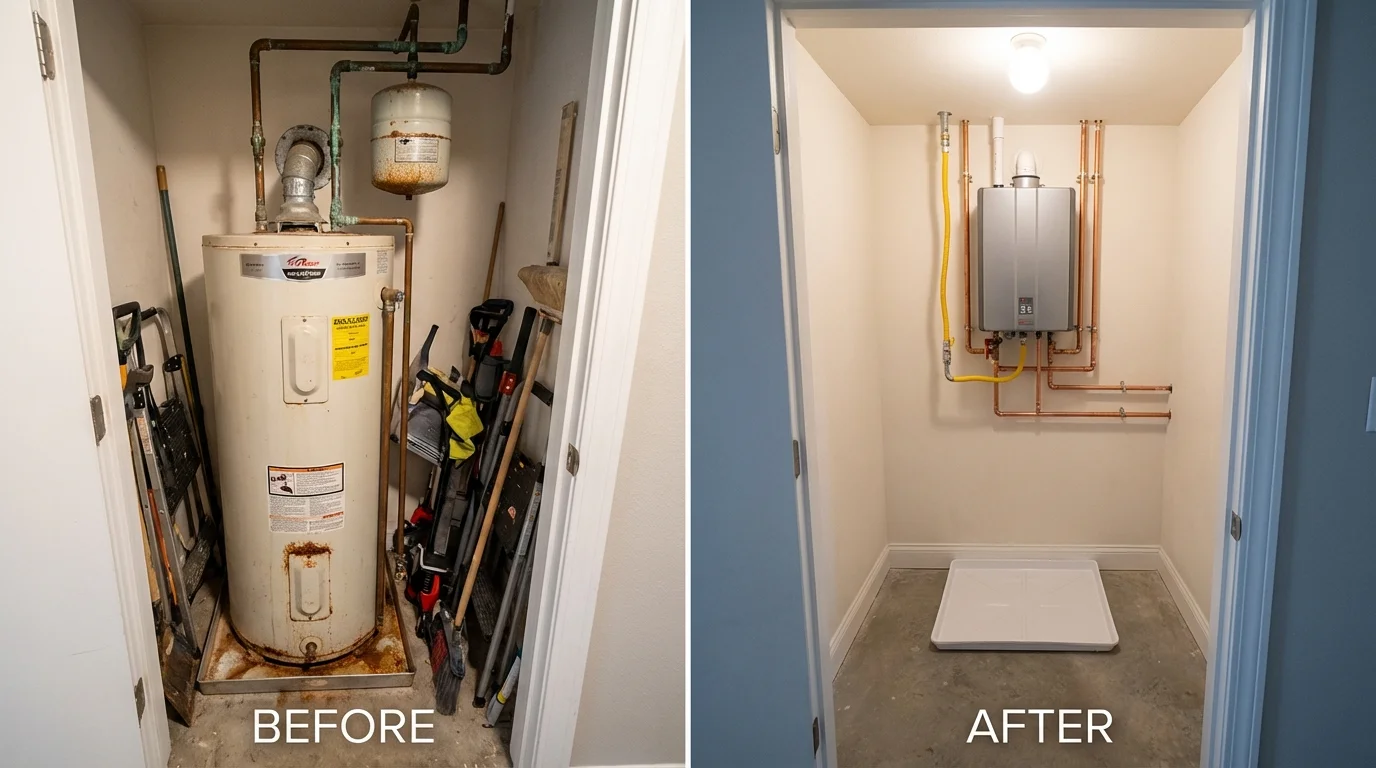 Tank water heater versus wall-mounted tankless unit comparison for Bedford, IN homeowners