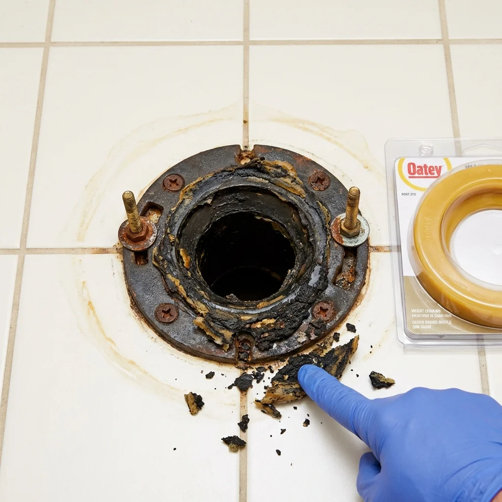 Failed wax ring showing water seepage at the base of a toilet in a Bedford, IN home