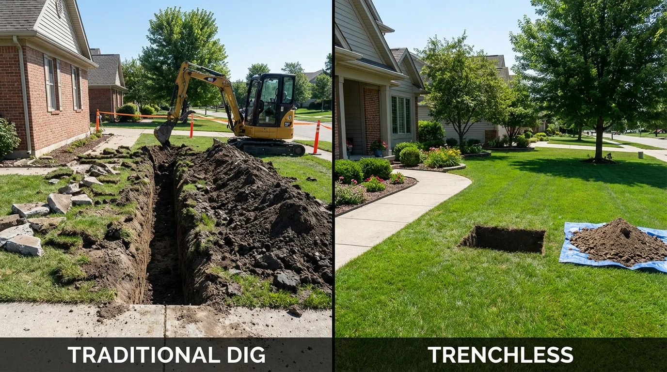 Trenchless sewer repair with minimal yard damage versus traditional excavation in Bedford, IN
